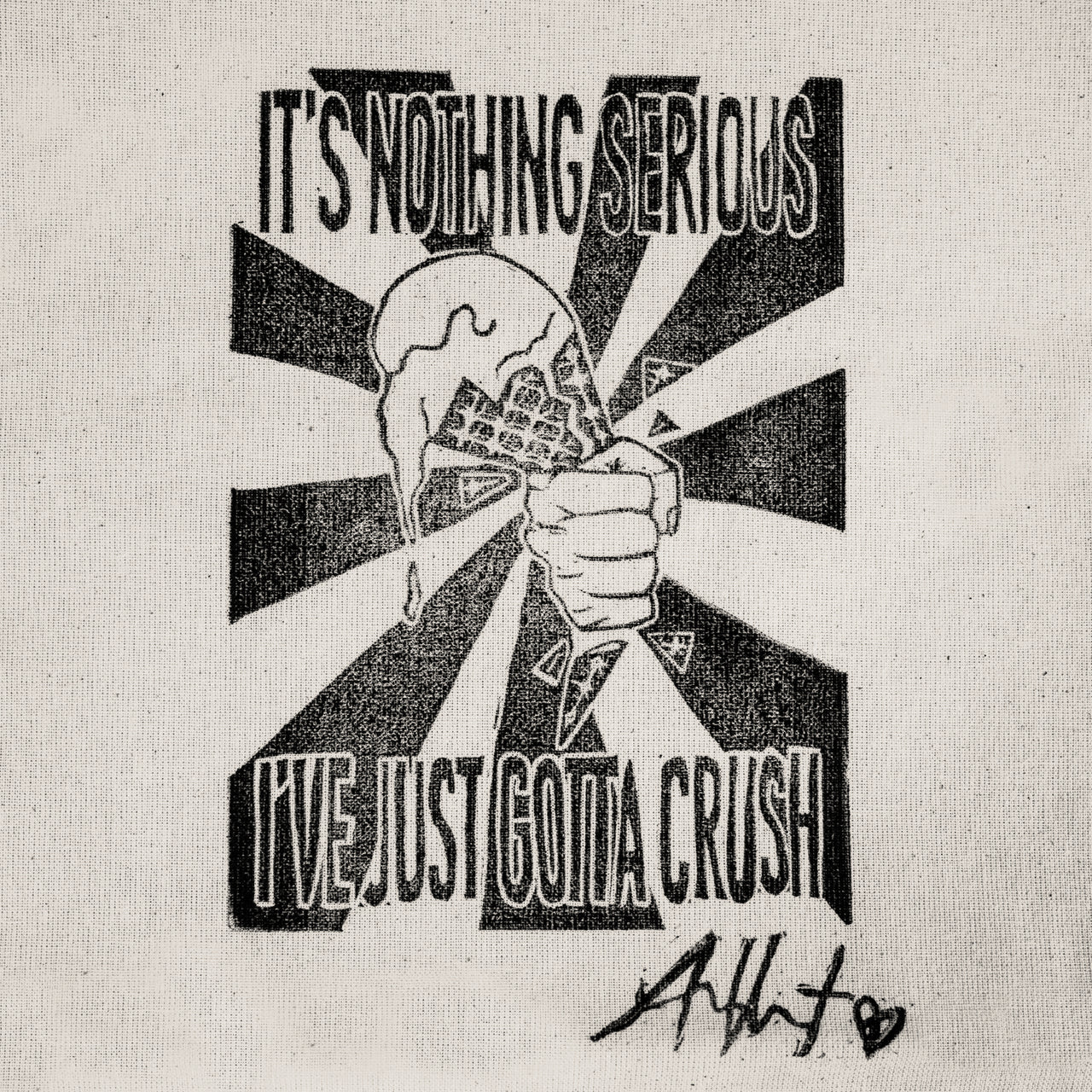 Black and white hand crafted stamp graphic with text 'It's nothing serious I've just gotta crush' and a fist holding an ice cream cone and signed by Allison Vest