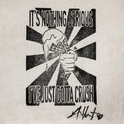 Black and white hand crafted stamp graphic with text 'It's nothing serious I've just gotta crush' and a fist holding an ice cream cone and signed by Allison Vest