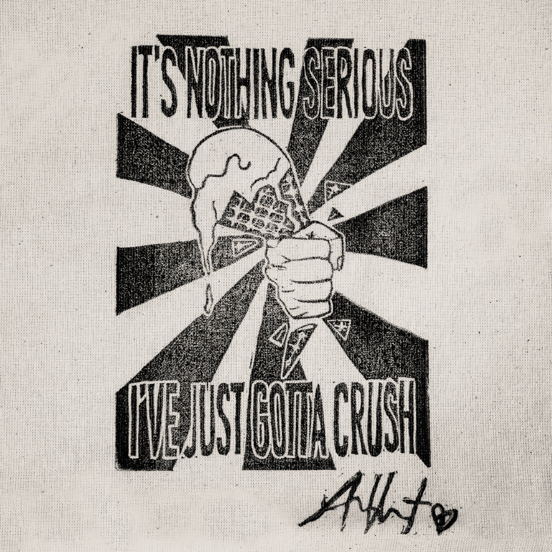 Black and white hand crafted stamp graphic with text 'It's nothing serious I've just gotta crush' and a fist holding an ice cream cone and signed by Allison Vest