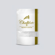 A stand-up pouch of Chalklate Magnesium Carbonate powder, featuring a white design with a vertical olive green stripe and gold branding, set against a solid light gray background.