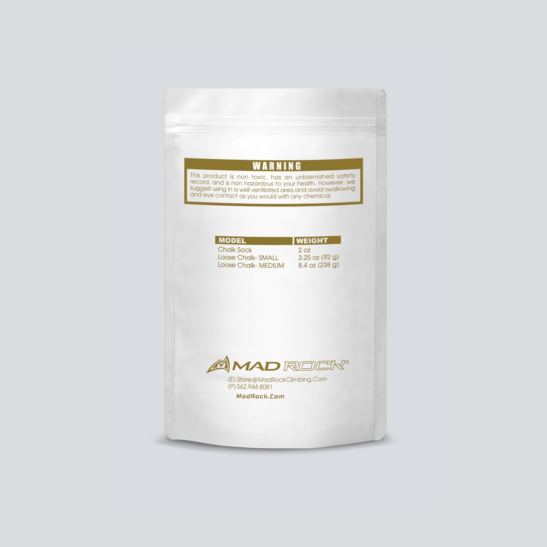 A stand-up pouch of Chalklate Magnesium Carbonate powder, featuring a white design with a vertical olive green stripe and gold branding, set against a solid light gray background.