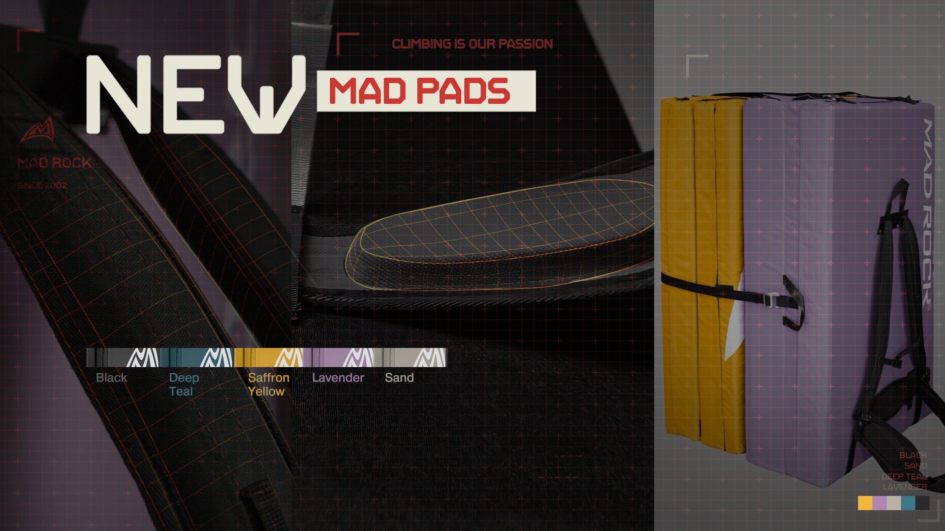 A banner announcing the launch of the 2026 Mad Pad featuring all of the colorways (black, deep teal, saffron yellow lavender, and sand).