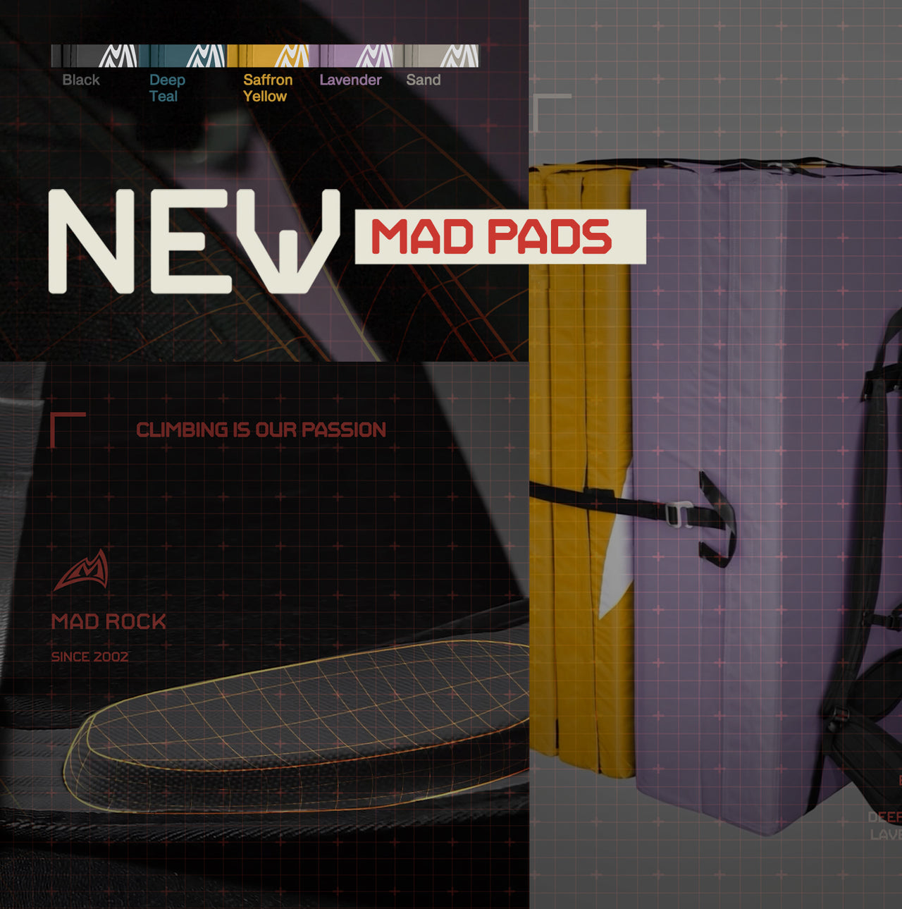 A banner announcing the launch of the 2026 Mad Pad featuring all of the colorways (black, deep teal, saffron yellow lavender, and sand).