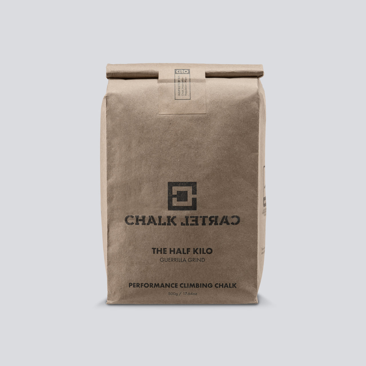 A front facing view of a brown bag of Chalk Cartel chalk.