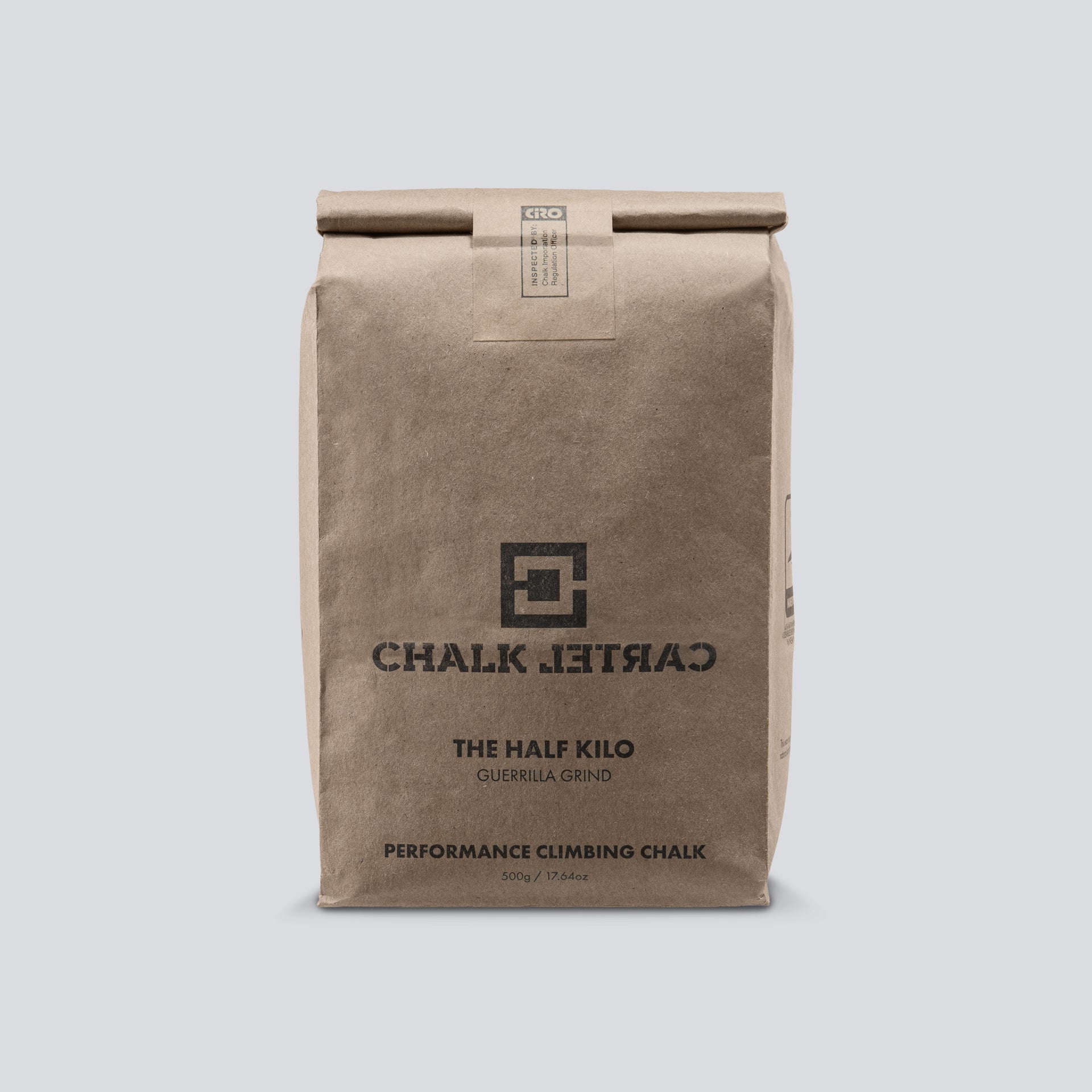A front facing view of a brown bag of Chalk Cartel chalk.