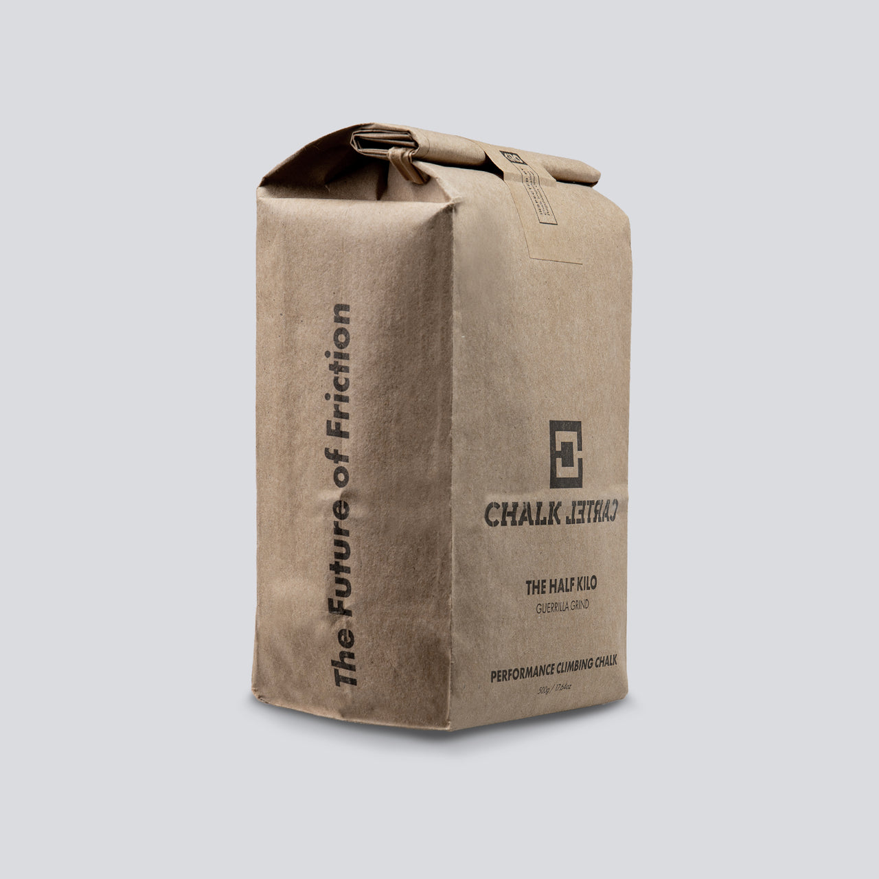 An angled view of a brown bag of Chalk Cartel chalk.