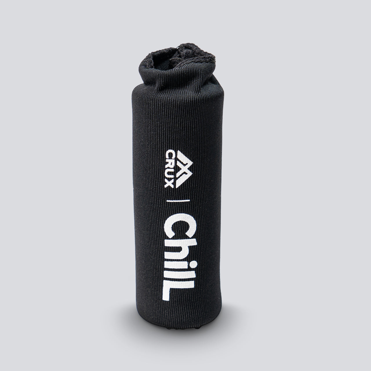 A black hot/cold finger sleeve with 'Crux' and 'Chill' text on it