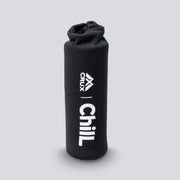 A black hot/cold finger sleeve with 'Crux' and 'Chill' text on it