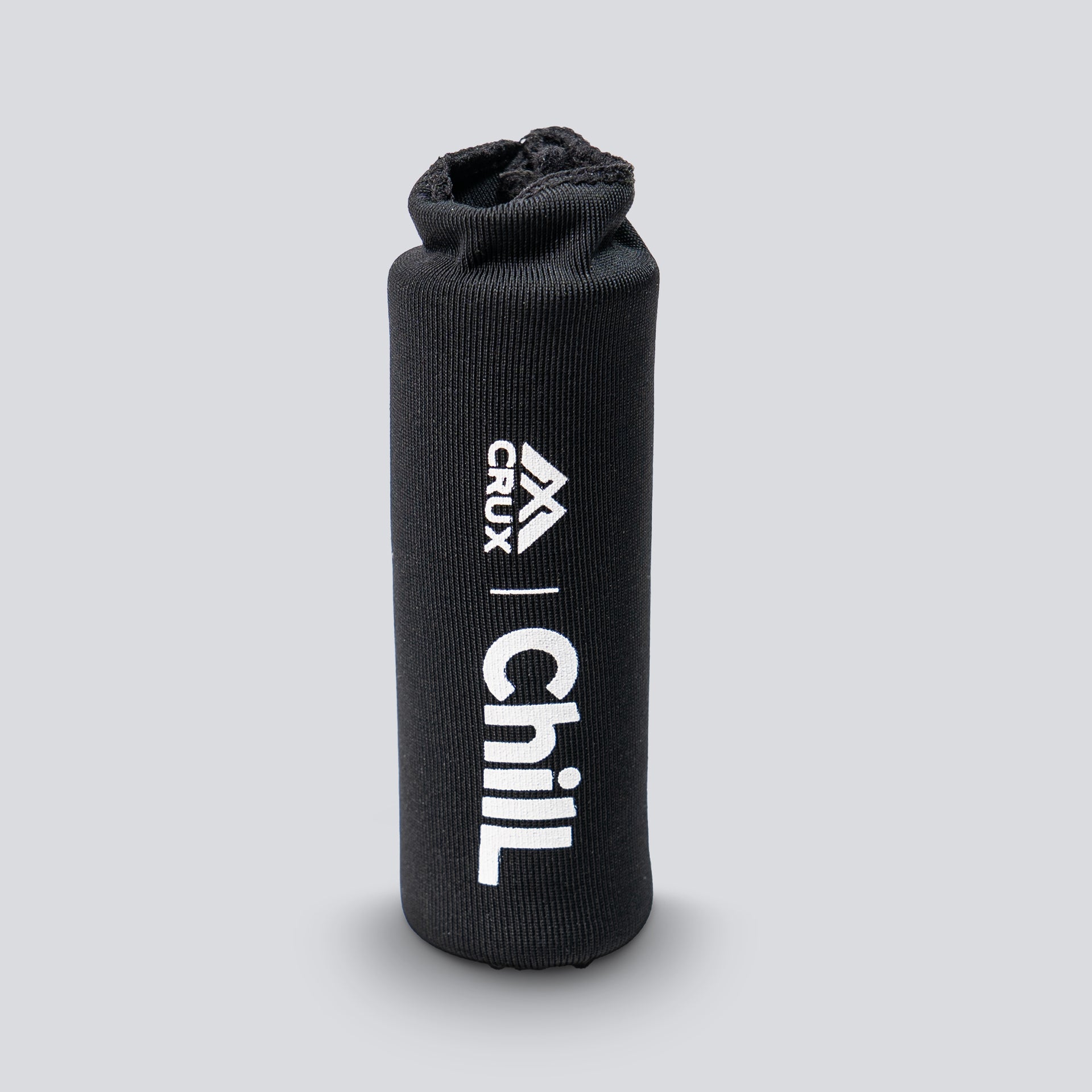 A black hot/cold finger sleeve with 'Crux' and 'Chill' text on it