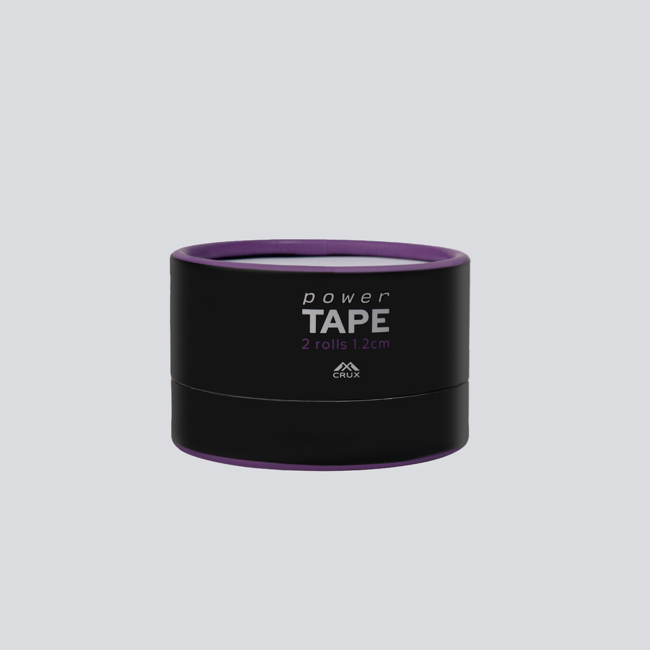 Black and purple container of power tape on a light gray background
