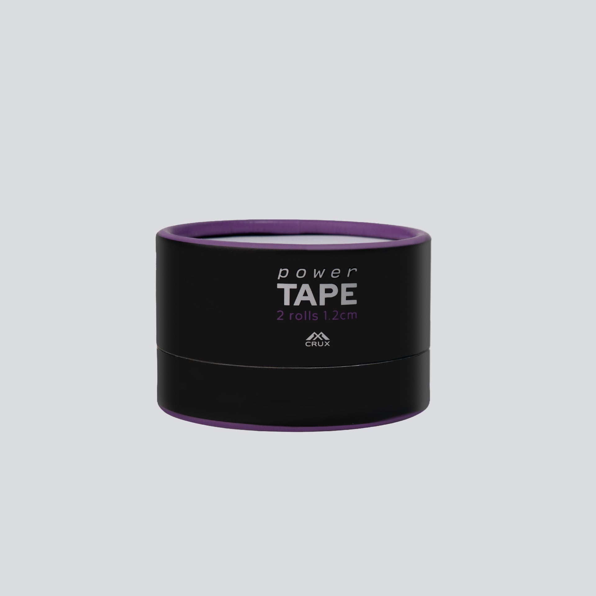 Black and purple container of power tape on a light gray background