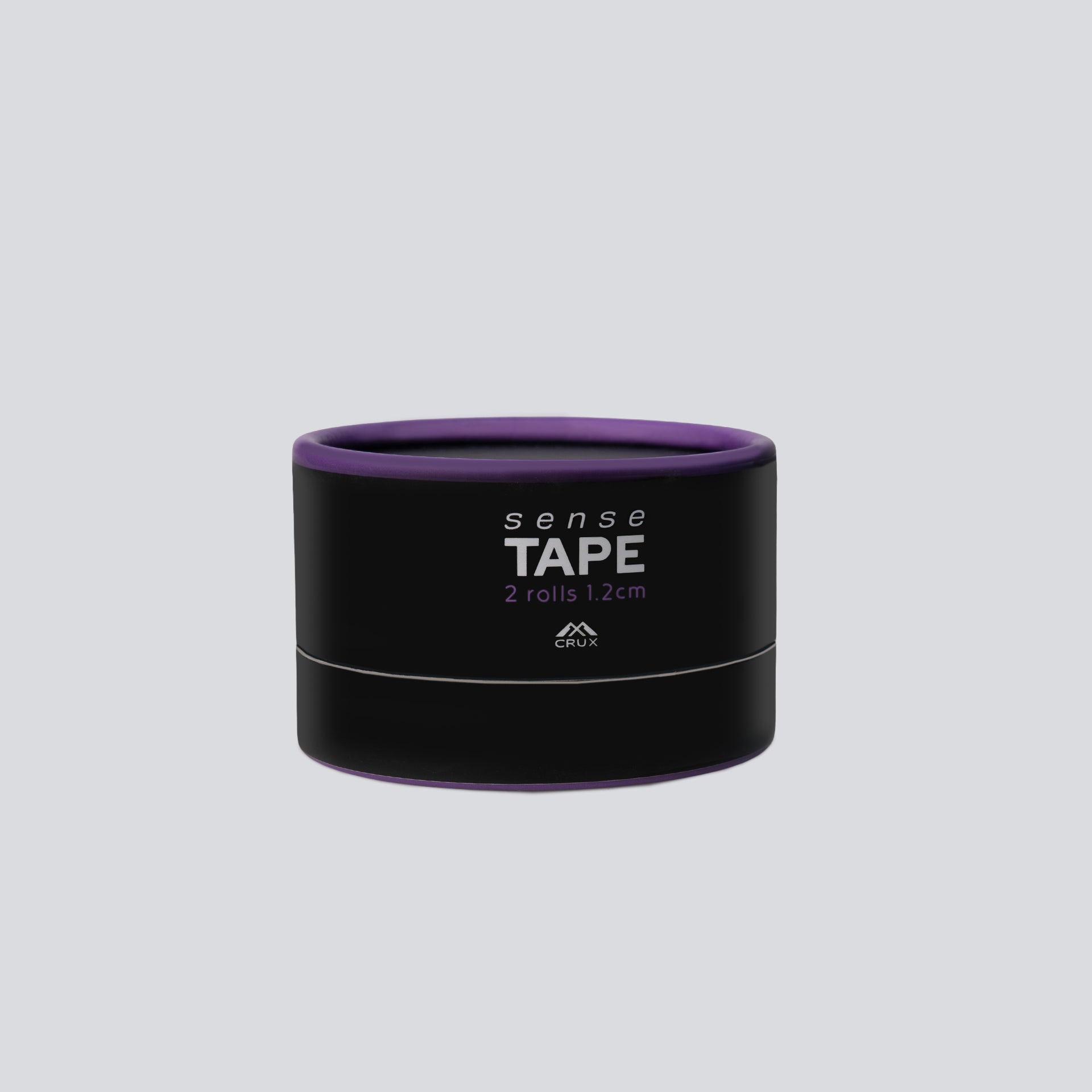 Black container with purple top labeled 'sense TAPE' on a light gray background