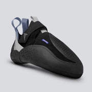 Black climbing shoe with gray and blue accents on a light gray background