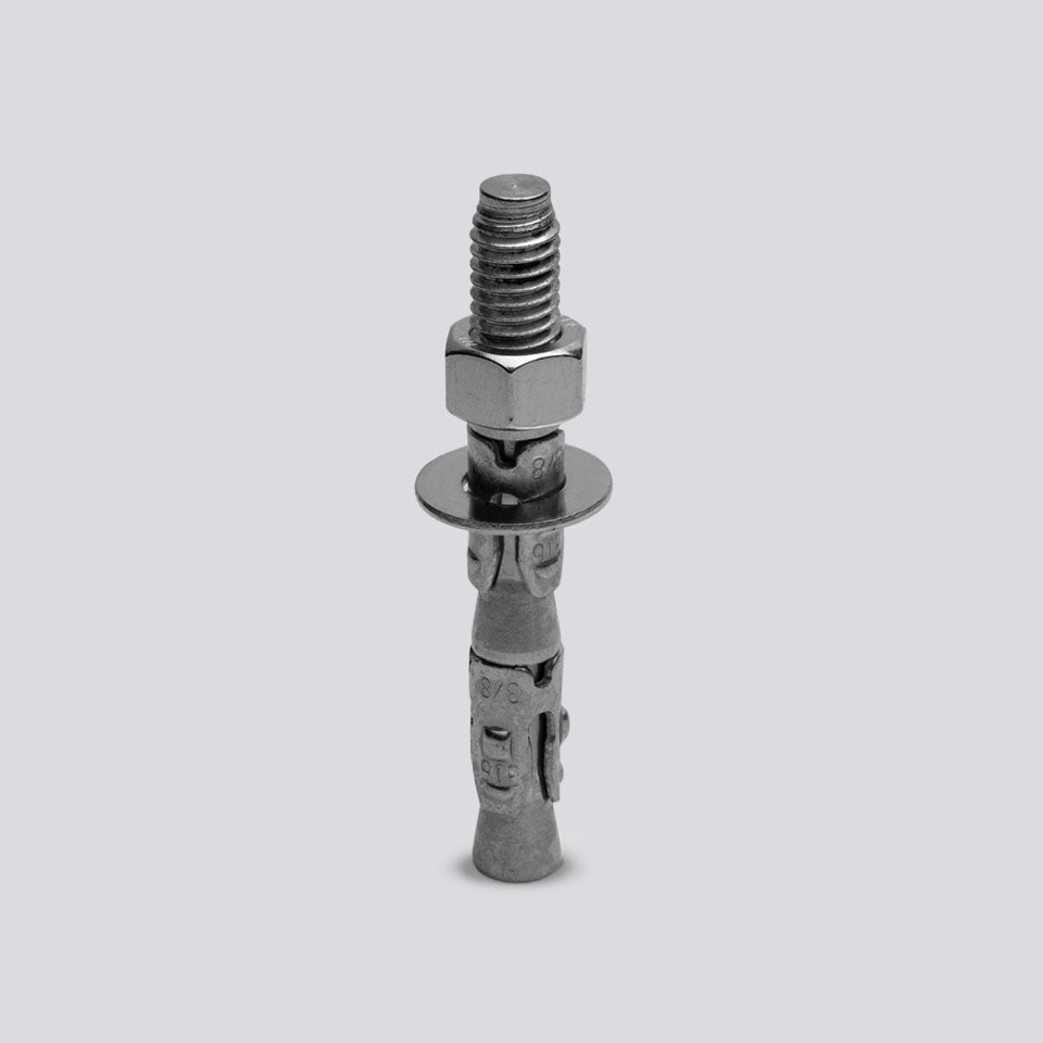A single metallic wall anchor bolt with a threaded stud, hex nut, washer, and splined base, shown upright on a light gray background.