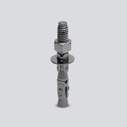 A single metallic wall anchor bolt with a threaded stud, hex nut, washer, and splined base, shown upright on a light gray background.