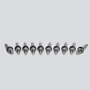10 metallic wall anchor bolts with a threaded stud, hex nut, washer, and splined base, shown laying down side by side on a light gray background.