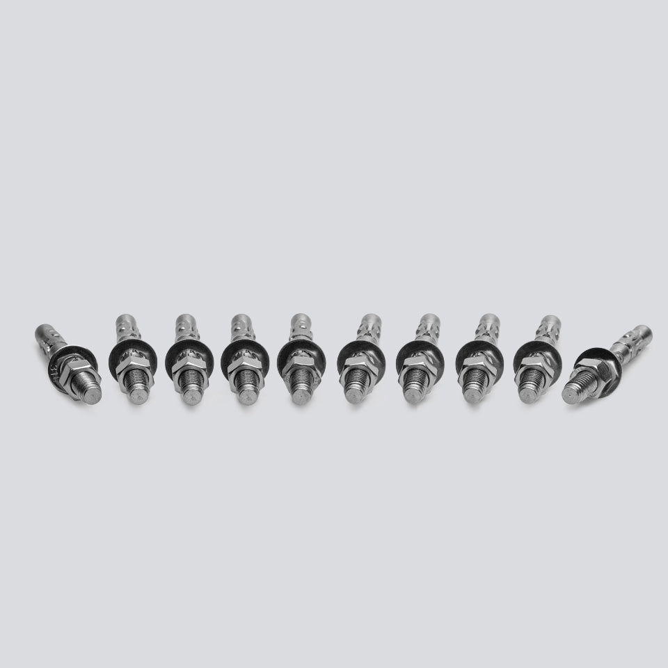 10 metallic wall anchor bolts with a threaded stud, hex nut, washer, and splined base, shown laying down side by side on a light gray background.