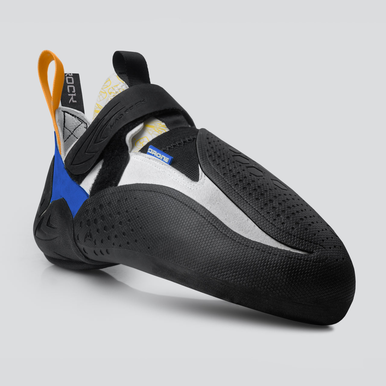 A black climbing shoe with a pointy toe box and a blue and orange strap, designed for a snug fit and aggressive climbing styles, with a breathable upper material.