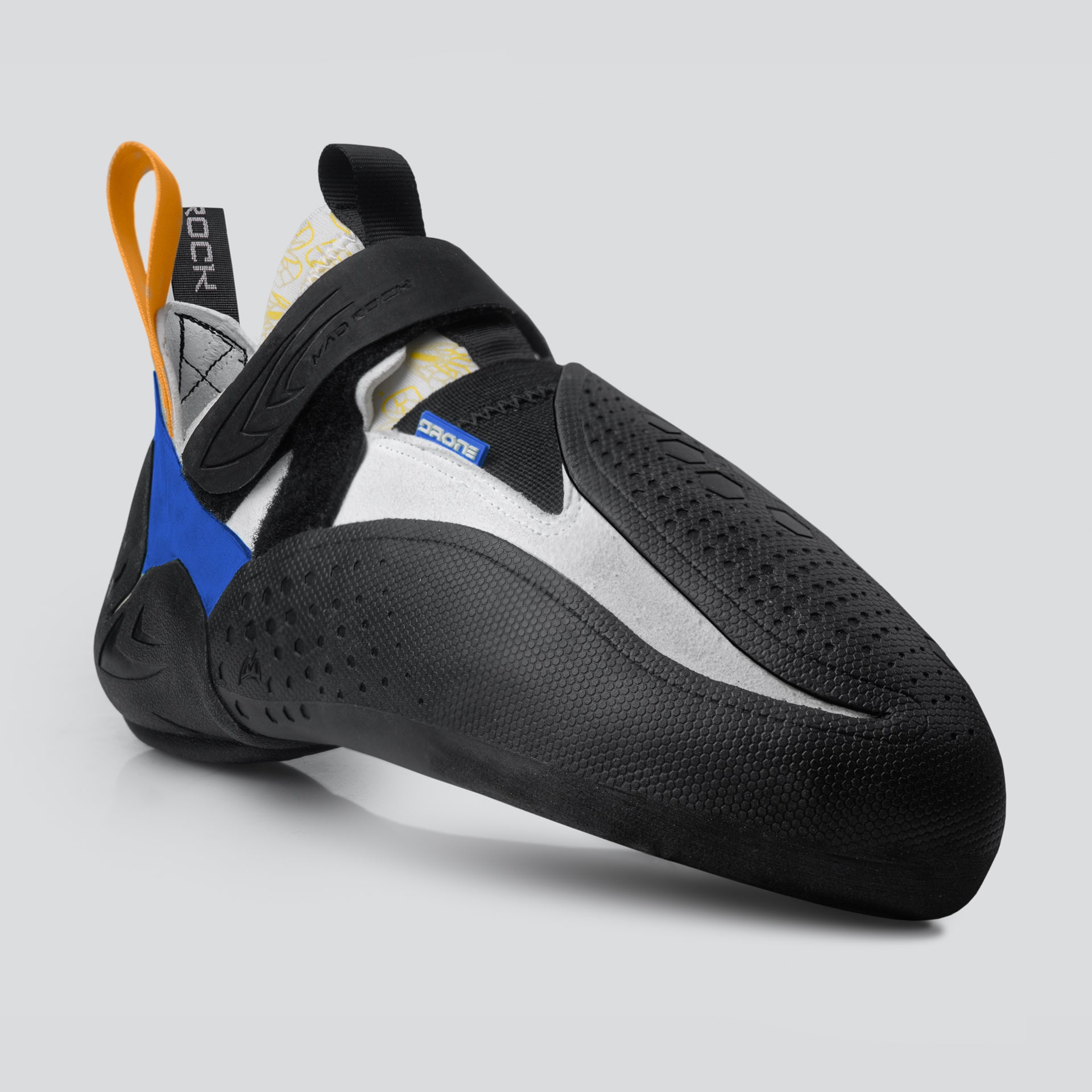 A black climbing shoe with a pointy toe box and a blue and orange strap, designed for a snug fit and aggressive climbing styles, with a breathable upper material.