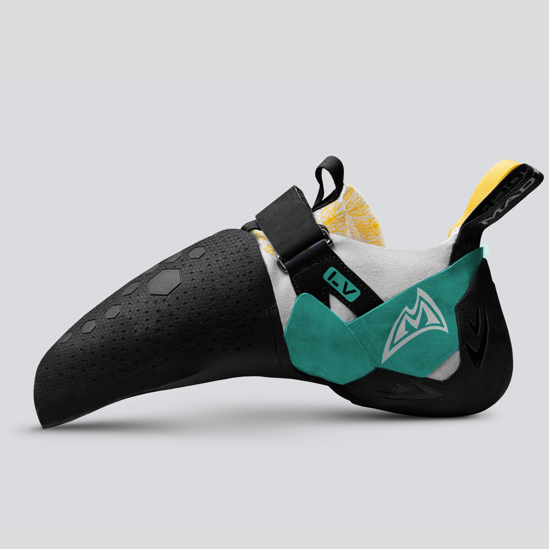 A left side view of a black and white climbing shoe with teal rand rubber around the heel 