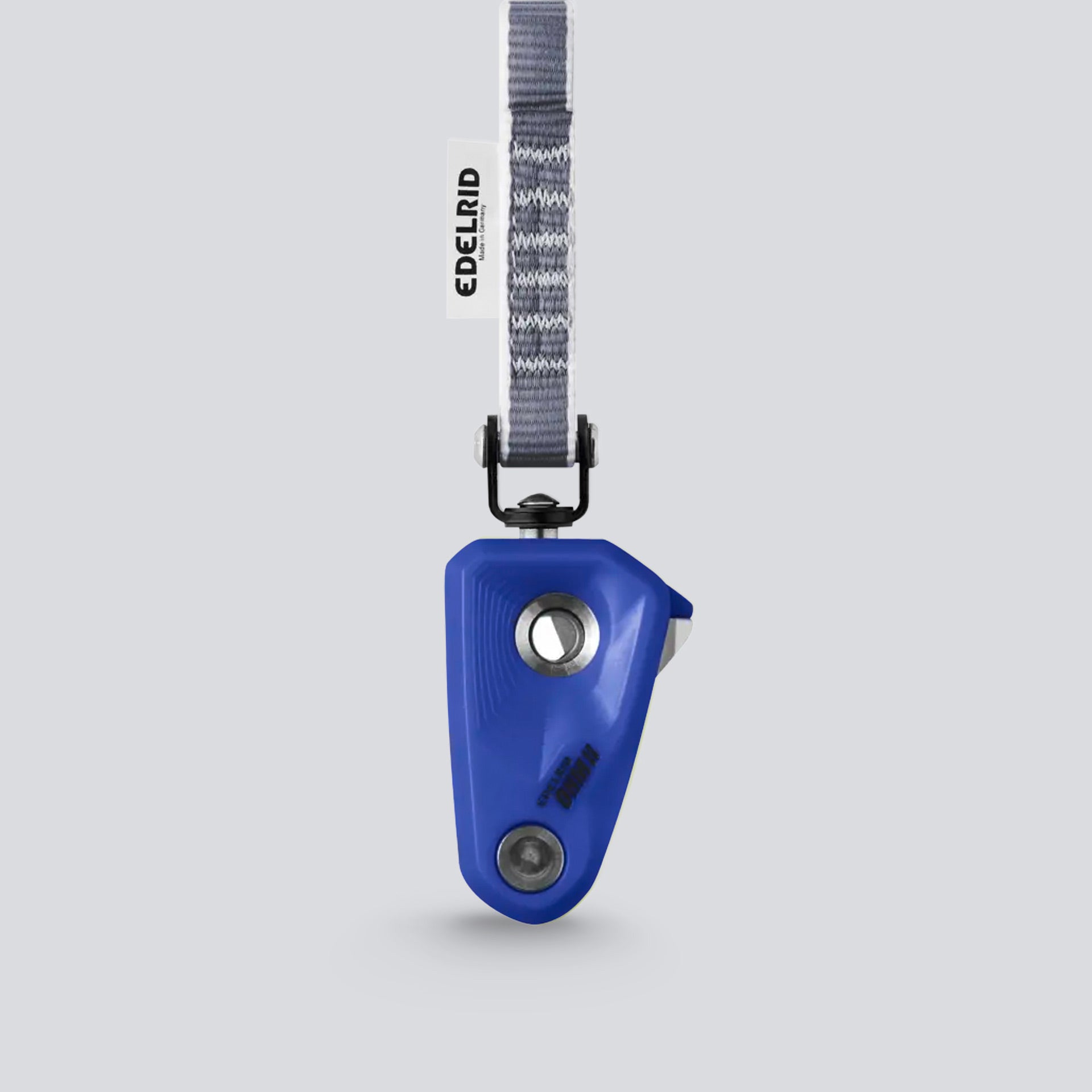 Blue climbing device with gray strap on a light gray background