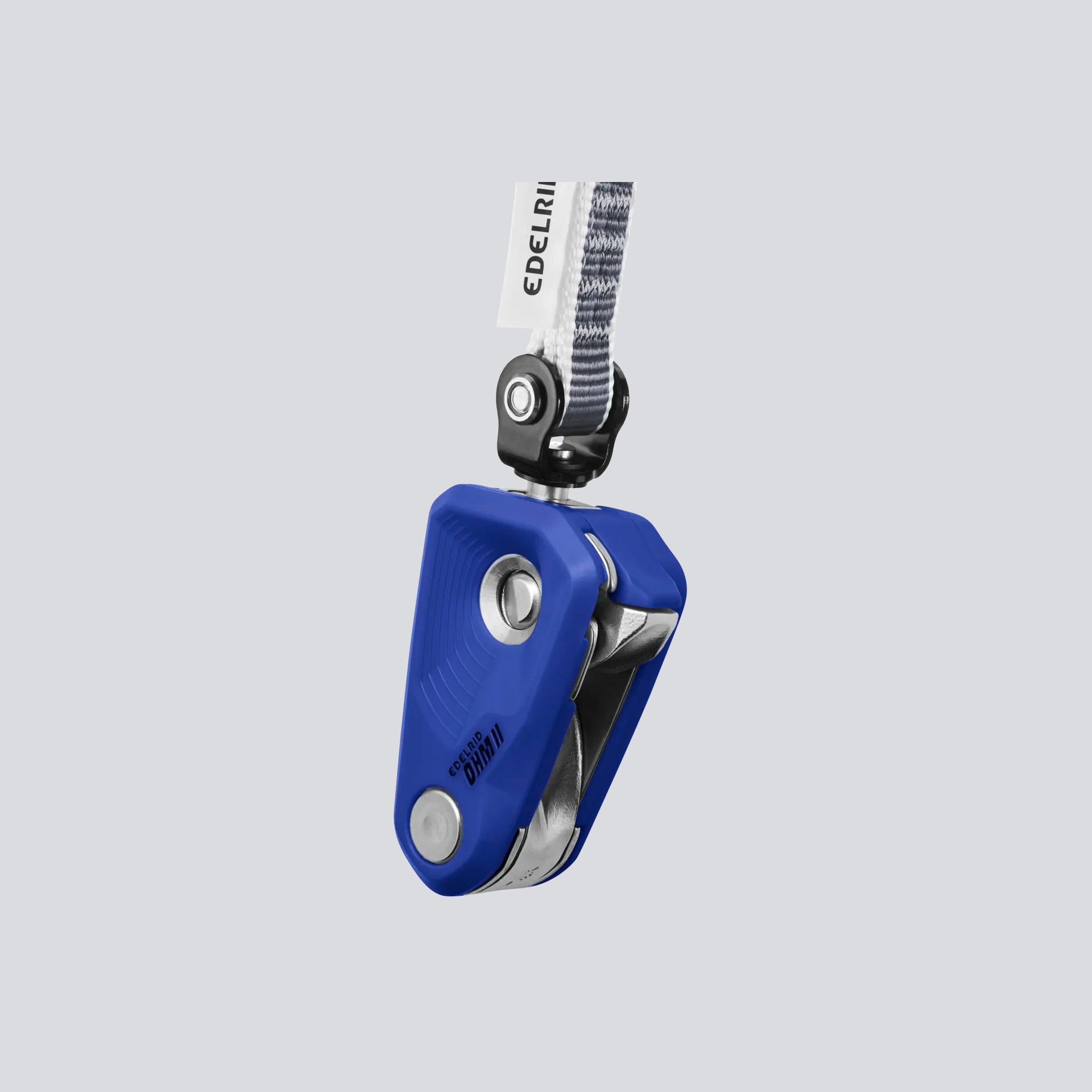 Blue climbing device with a gray strap on a light gray background