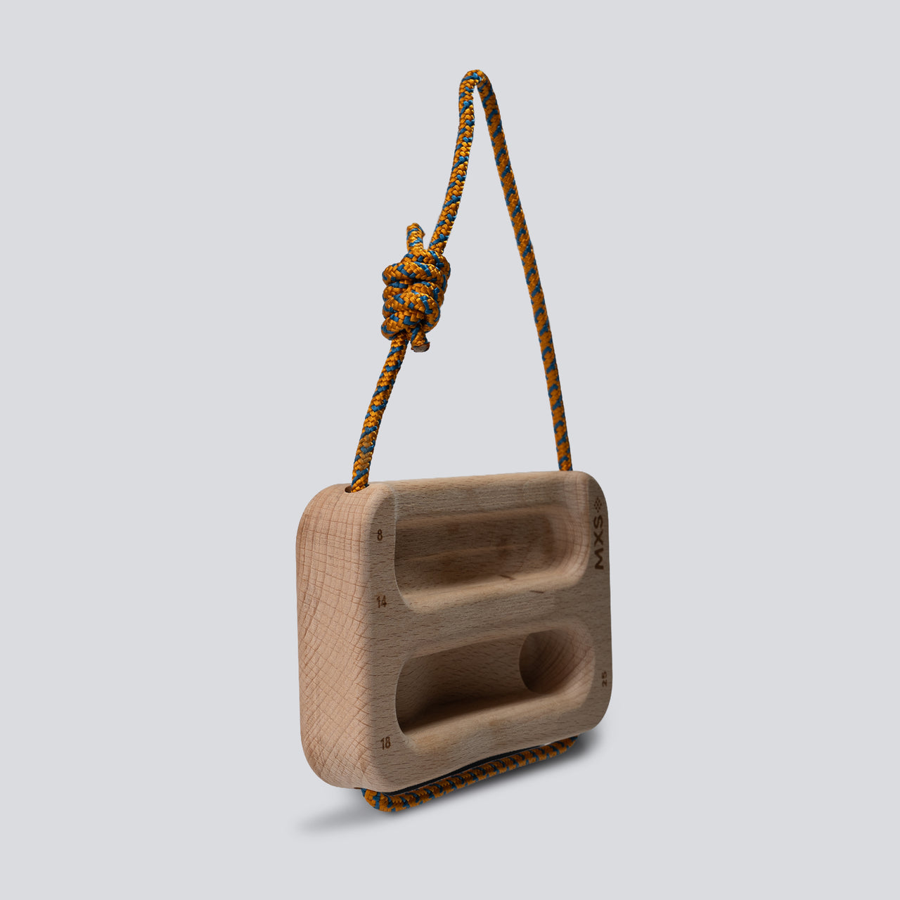 Wooden training tool with a cord on a light gray background