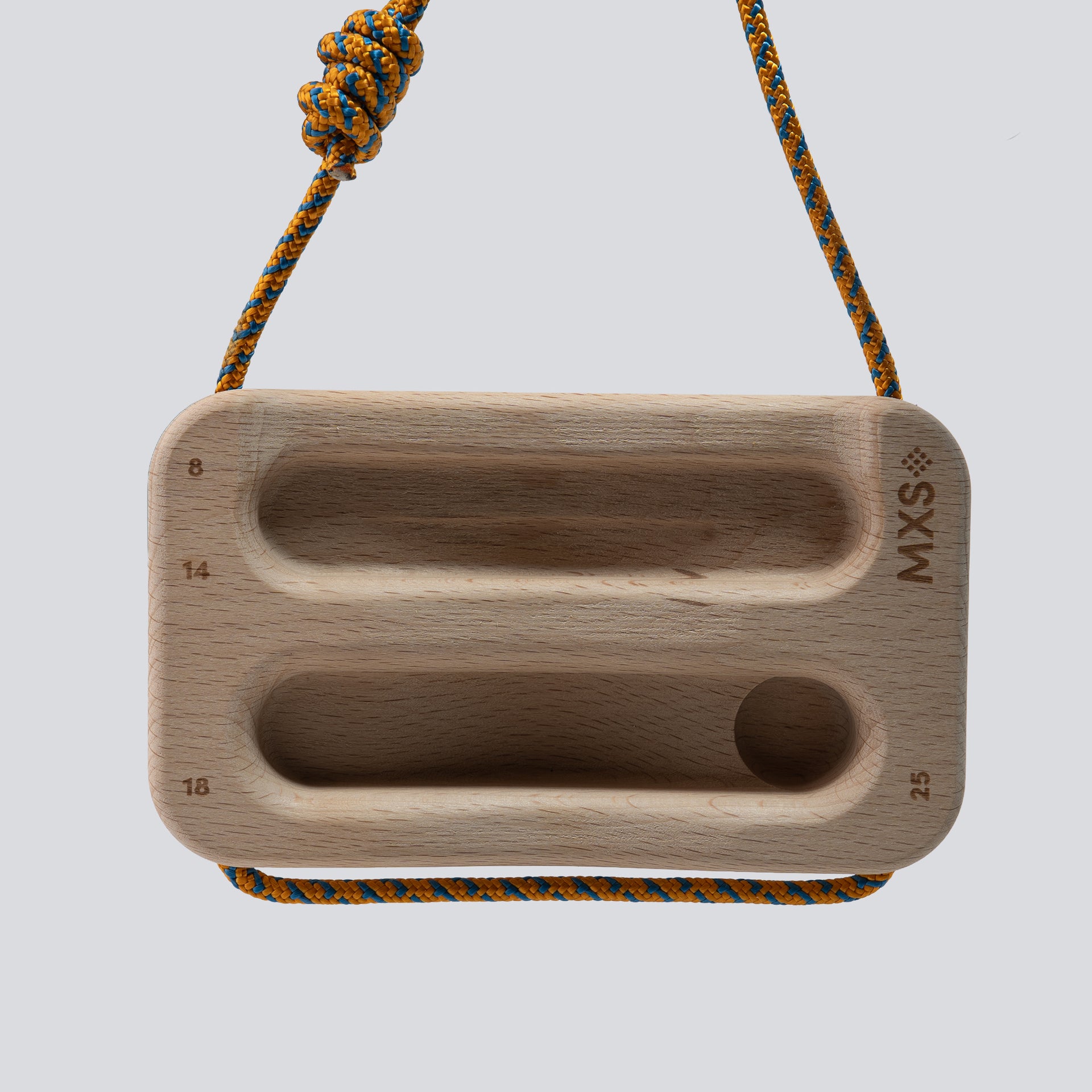 Wooden training tool with a cord on a light gray background