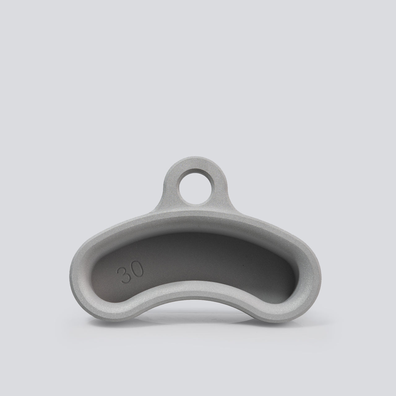 The front view of an aluminum finger training tool that has an ergonomic curved shape and a 30mm edge depth