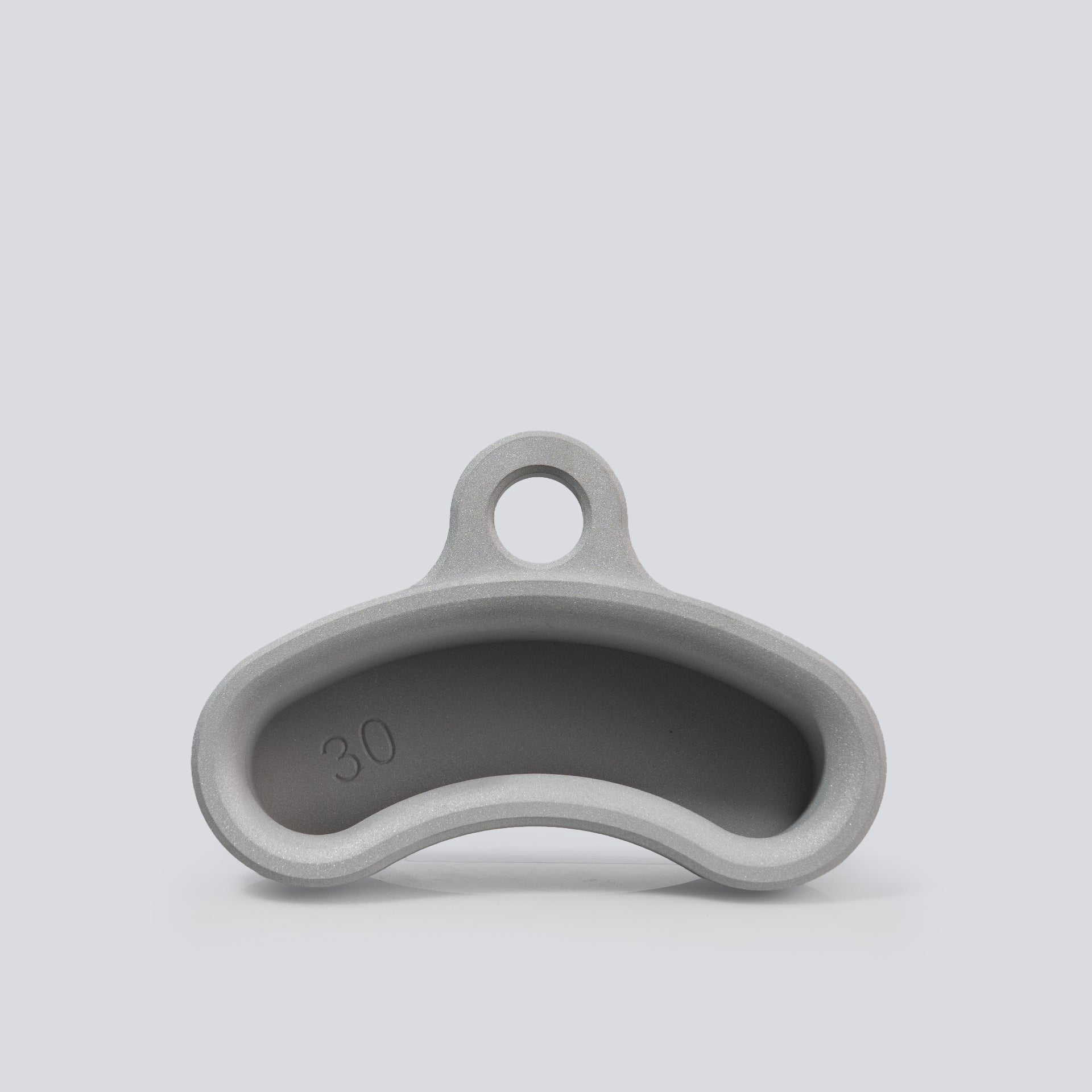 The front view of an aluminum finger training tool that has an ergonomic curved shape and a 30mm edge depth