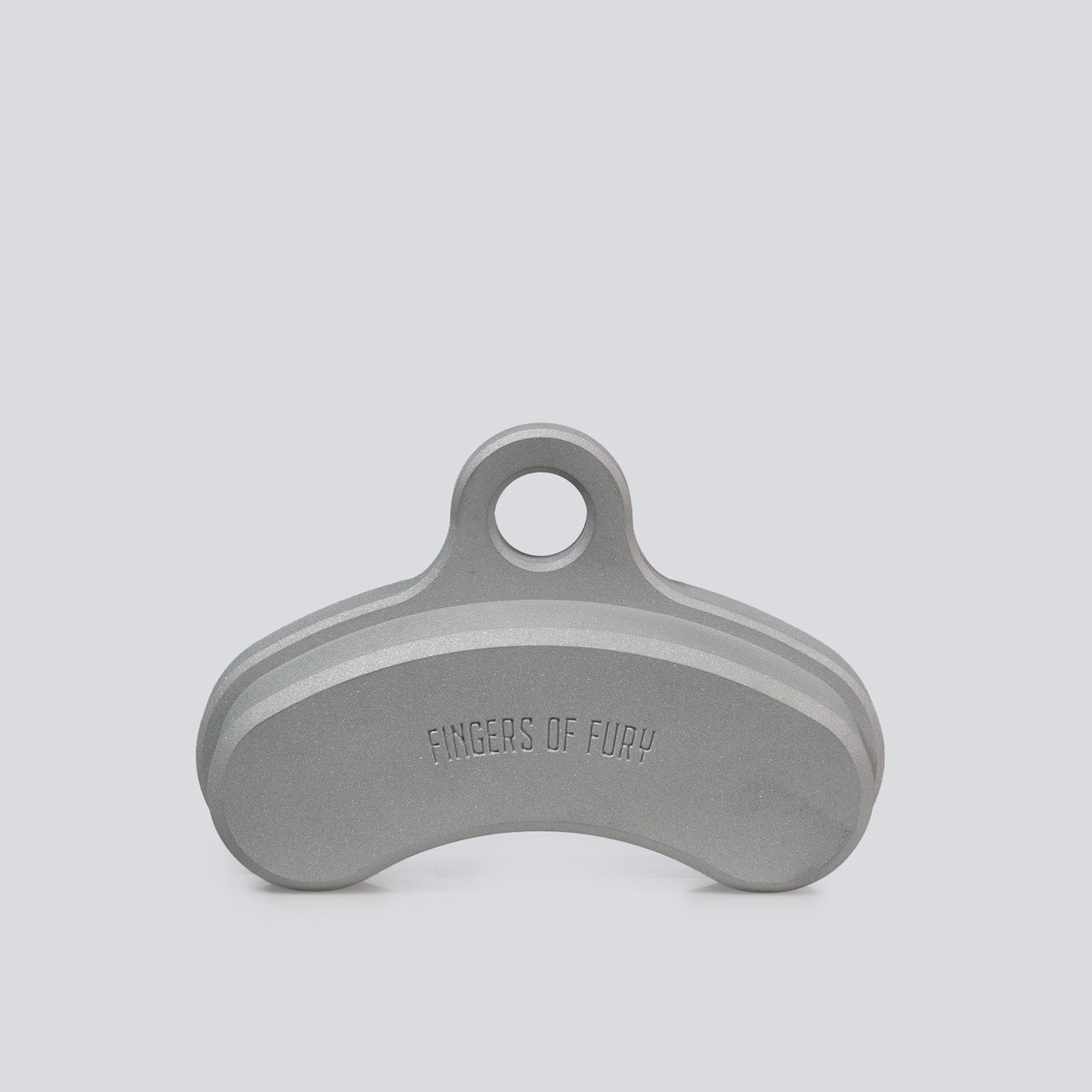 The back view of an aluminum finger training tool that has an ergonomic curved shape and a 30mm edge depth