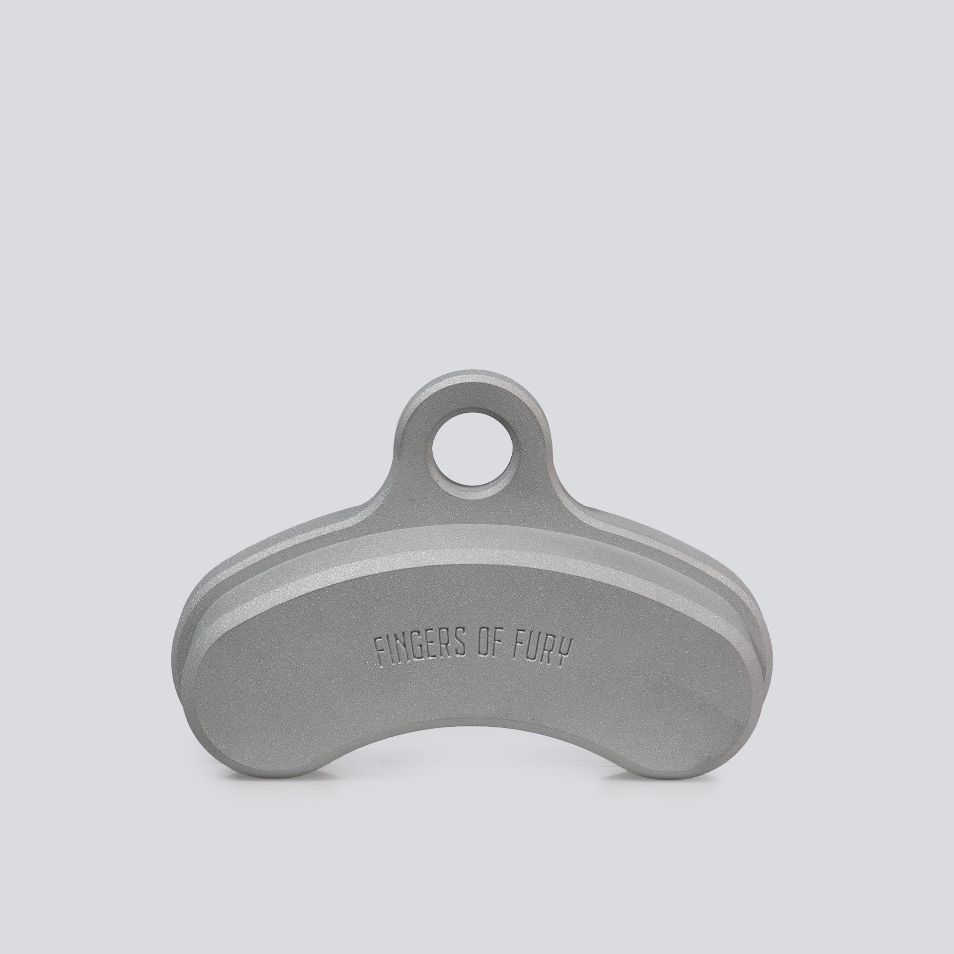 The back view of an aluminum finger training tool that has an ergonomic curved shape and a 30mm edge depth